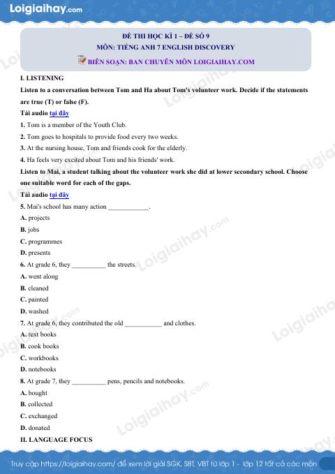 Đề thi học kì 1 Tiếng Anh 7 English Discovery - Đề số 9
